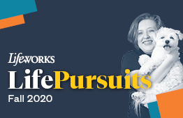 Lady hugging her dog and reads - Lifeworks LifePursuits Fall 2020