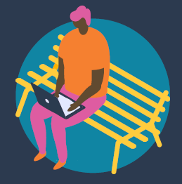 Animated picture of a person sitting on a bench and using their laptop.