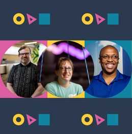 Navy background with yellow, pink, and light blue decorative elements. Photos of three individuals who partner with Lifeworks are featured,