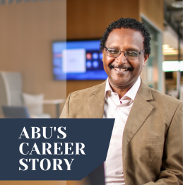 Photo of Abubaker Hamad, the Senior Manager for Lifeworks' southern region. Text on image reads: "Abu's Career Story"